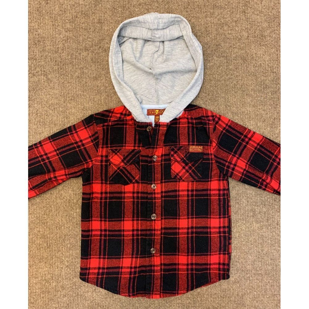 7 For All Mankind Shirt Boys 24M Plaid Flannel Hooded Cotton Toddler Button Up